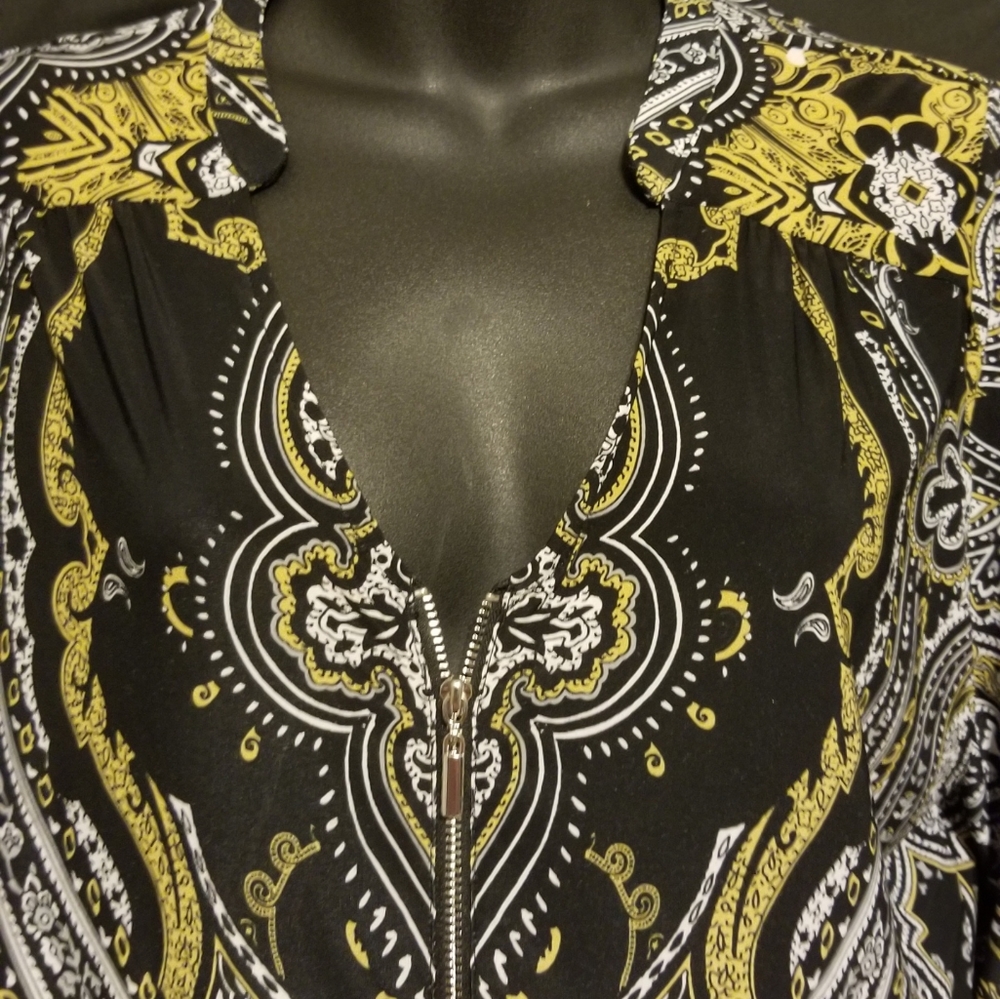 INC GOLD AND BLACK V NECK BLOUSE W/ ZIPPER